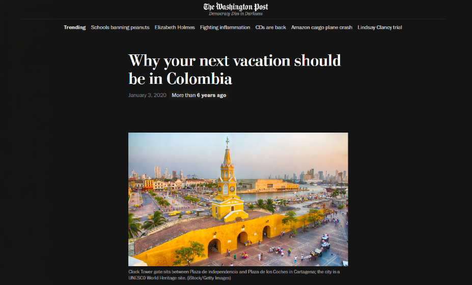 The Washington Post: “Por qué sus próximas vacaciones deben ser en Colombia”.